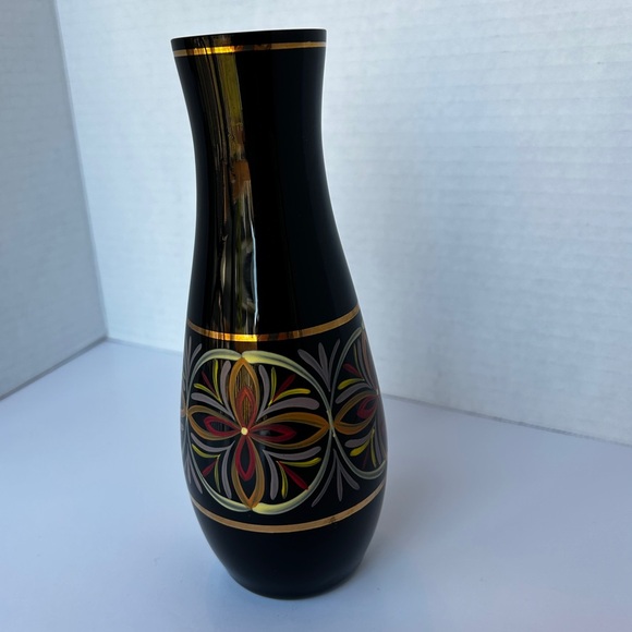 HYALITH Black Glass Vase Painted  Design Gold Bands 7.25 inches - Picture 6 of 10